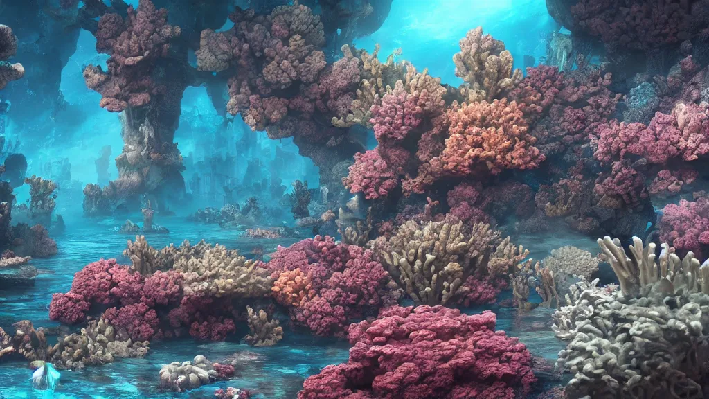 Image similar to an underwater city engulfed in corals, fantasy artwork, very very very beautiful scenery, hd, hdr, ue5, ue6, unreal engine 5, cinematic 4k wallpaper, 8k, ultra detailed, high resolution, artstation, award winning