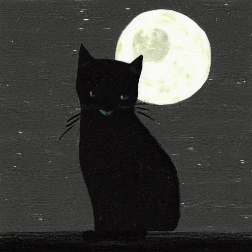 Image similar to “A black cat on top of a building at night with a full moon in the style of Vincent Van Vogh”