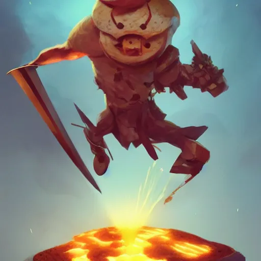 Image similar to battle toast, a slice of toasted bread with a face, arms and legs, holding a sword and shield, volumetric lighting, dynamic composition, fantasy, hyper detailed, ultra realistic, sharp focus, octane render, concept art by sachin teng and sergey kolesov and ruan jia and heng z