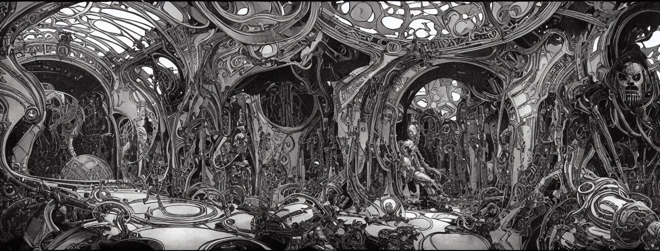 Prompt: doom, elden ring themed cinematic shot of the interior of a sf spaceship made with biomechanical architecture and highly advanced technology, intricate linework, style of moebius comic art, alphonse mucha, h. r. giger