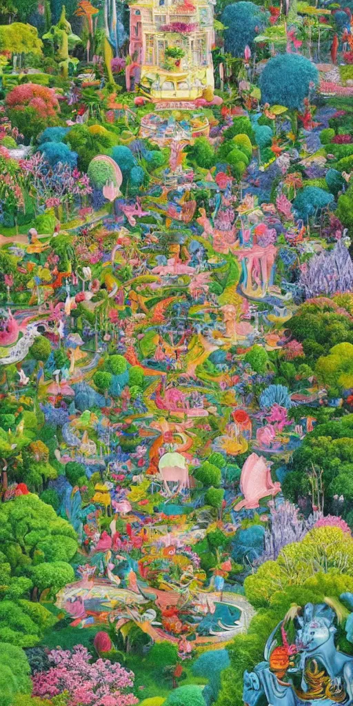 Prompt: bosch and beeple!!!!!!! ( ( ( ( ( ( ( and lisa frank ) ) ) ) ) ) ) painting of a magnificent garden filled with remarkable sculptures, trees, and structures, incredible details