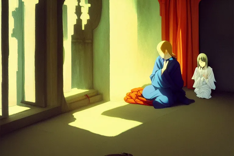 Image similar to anime key visual of young girl in small monastery in the year 1 2 5 0, praying to statue of god, style of jamie wyeth james gilleard edward hopper greg rutkowski acrylic painting, oil on canvas, preserved museum piece, historical