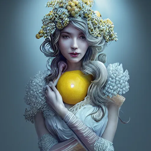 Image similar to the portrait of an absurdly beautiful, graceful, elegant, sophisticated, young perky woman made up of lemons, an ultrafine hyperdetailed illustration by kim jung gi, irakli nadar, intricate linework, bright colors, octopath traveler, final fantasy, unreal engine 5 highly rendered, global illumination, radiant light, detailed and intricate environment
