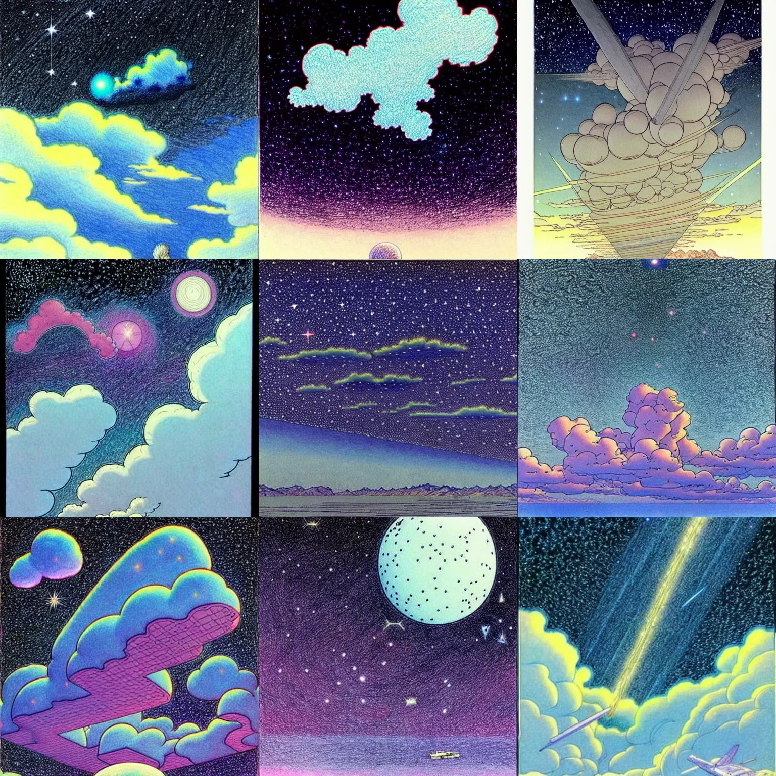 Prompt: ( ( ( ( ( starry sky and cloud ) ) ) ) ) drawing by mœbius!!!!!!!!!!!!!!!!!!!!!!!!!!!, overdetailed art