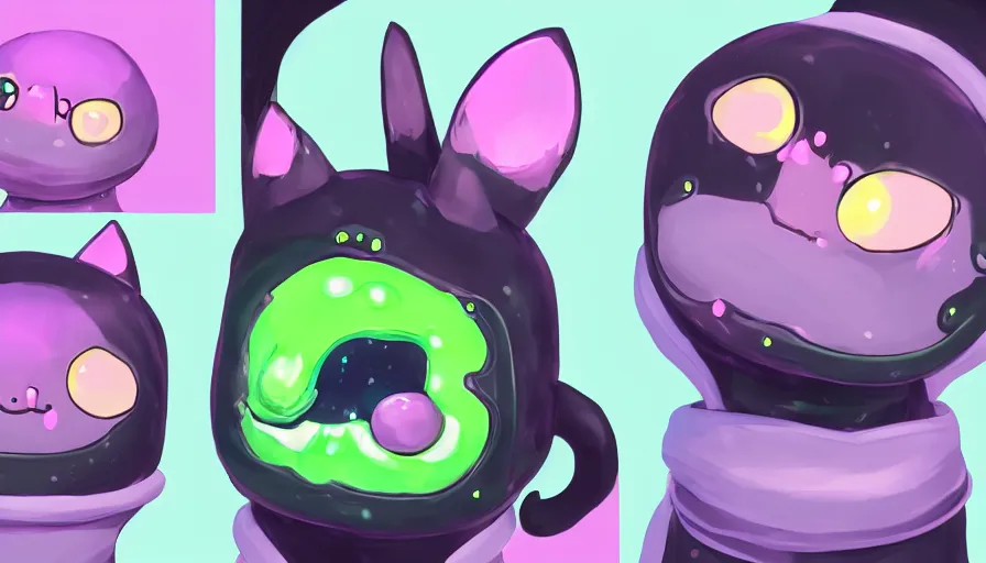 Image similar to a digital art close up portrait of black slime cat character design from concept art of slime rancher, cute black liquid black oil, ink cat character sheet, 4 k, cartoon art, stickers illustrations, beautiful avatar pictures