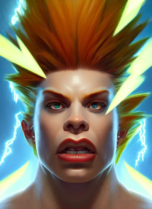 Image similar to symmetry!! portrait of blanka with lightning, street fighter, global illumination!! intricate, elegant, highly detailed, digital painting, artstation, concept art, smooth, sharp focus, illustration, art by artgerm and greg rutkowski and alphonse mucha