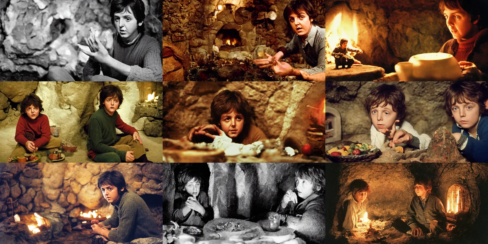 Prompt: A full color still of young adult Paul McCartney looking down at his palm, dressed as a hobbit inside his cozy house at night with light from a fireplace, directed by Stanley Kubrick, 35mm, 1970