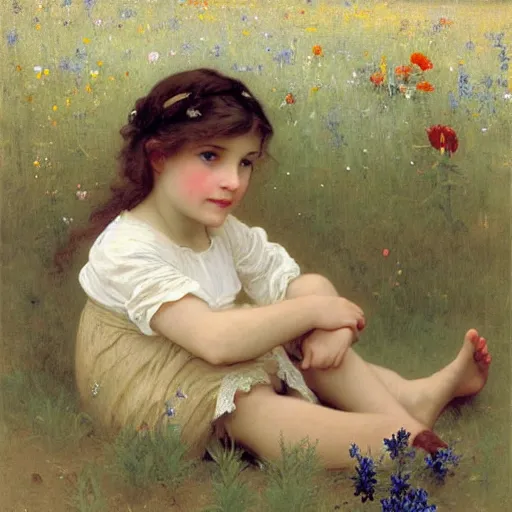 Image similar to a little girl with short wavy light brown hair and blue eyes sitting in a field of wildflowers. beautiful painting by bouguereau.