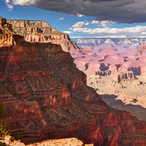 Image similar to candid photograph of a deathclaw roaming the grand canyon with a bright blue sky with many clouds in the background, 8 k, very detailed, very intricate,