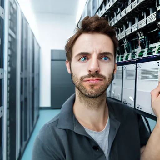 Prompt: man standing in Computer server room on fire with green eyes 8k resolution stunning