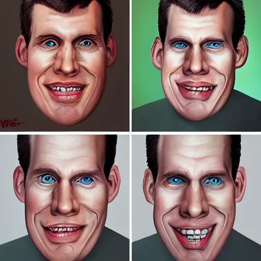 Image similar to Caricature portraits done of Jerma realistic, hyperrealistic, very realistic, highly detailed, very detailed, extremely detailed, detailed, oil painting, digital art, trending on artstation