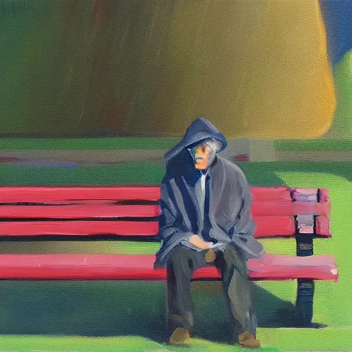 Prompt: man sitting on park bench next to the grim reaper peaceful acrylic painting Roger Deakins sunny afternoon