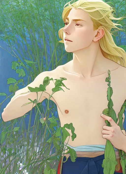 Image similar to pretty young man with shoulder length blond hair, male, half body shot, path traced, highly detailed, high quality, digital painting, by studio ghibli and alphonse mucha, leesha hannigan, hidari, art nouveau, chiho aoshima, posuka demizu