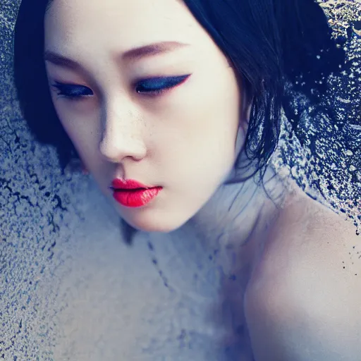 Image similar to beautiful woman in liquid fluid simulation, female upper body, beautiful supermodel, black wave patterns, cinematic light, cinestill, film still, body portrait, geisha, optical illusion, art noveau, female balaclava