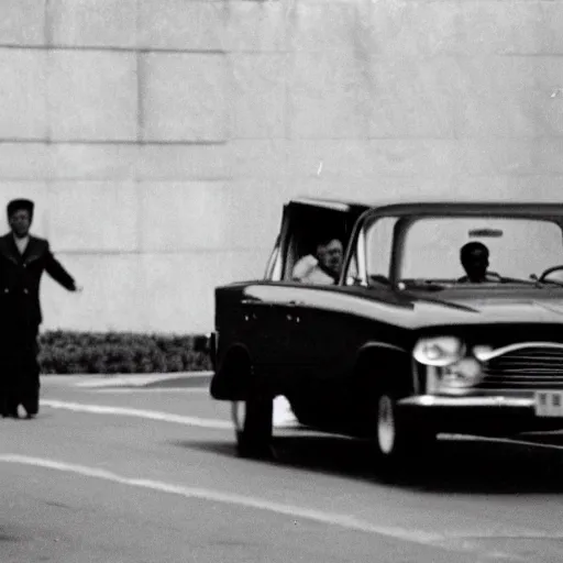 Image similar to 1960s press archive of middle-aged Kim Jong-il coming out of a car, face obscured, Reuters, 35mm film, film grain, mysterious exterior, underexposed