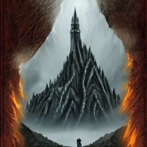 Image similar to Lord of the Rings cover art of the misty Mountains with the shadow of a forked tower over them in the style of J.R.R Tolkien