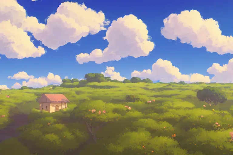 Prompt: landscape, summer, morning, beautiful cloud, quiet, no people, Ghibli, Anime Background, Miyazaki Hayao, concept art, illustration,smooth, sharp focus, intricate, super wide angle, trending on artstation, trending on deviantart, pixelart, pixelperfect, pixel art, pixel, color limit