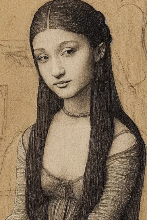 Image similar to a portrait of ariana grande in the style of leonardo da vinci drawing,, single head, no double head,