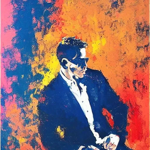 Image similar to ryan reynolds by leroy neiman, intricate, ultra detailed painting, atmospheric lighting, golden hour