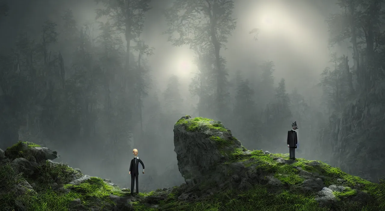 Prompt: photorealistic matte painting of mr burns standing far in misty overgrowth undergrowth jagged rock features volumetric fog light rays high contrast dawn