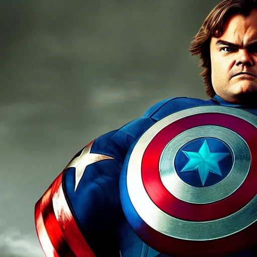 Image similar to film still of jack black as captain america, photography