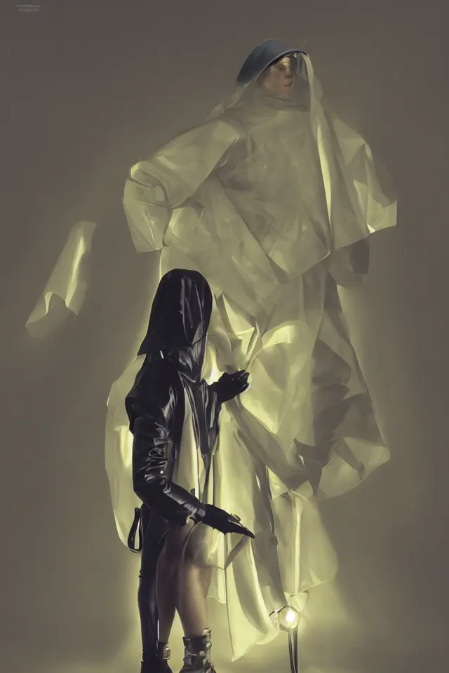 Image similar to digital fashion, androgynous person, tactical poncho latex rags, wearing a visor, techwear, iridiscent light, high key, cinematic lighting at night, neon, phil hale, boris vallejo, alberto mielgo, patrick o'keeffe