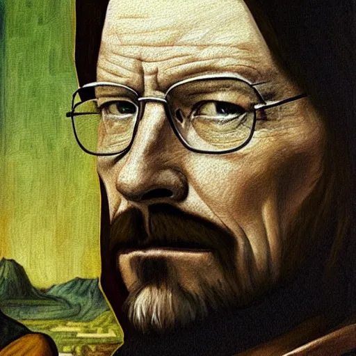 Prompt: detailed, A portrait painting of walter white in the style of Mona Lisa