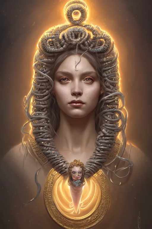 Image similar to highly detailed portrait of an elegant medusa, ornate crown, beautiful symmetrical face, glowing skin, digital painting, artstation, concept art, smooth, clear focus, illustration, greg rutkowski, artgerm, global lighting, detailed and fantasy