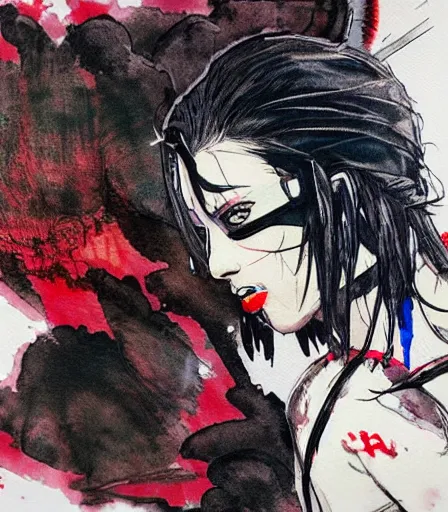 Prompt: Yoji Shinkawa's 'a tank with bright red lipstick', ink and colours on silk, trending on pixiv, zoomed out, monochrome, watercolour