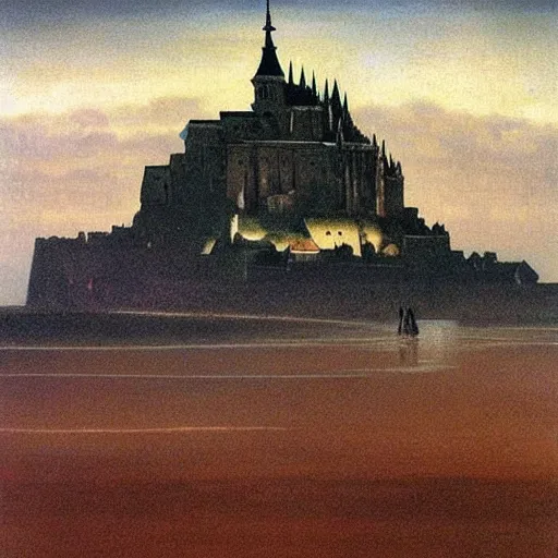 Image similar to beksinski painting of mont saint - michel