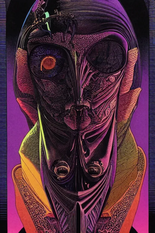 Image similar to portrait of black and psychedelic grainshading print by moebius, richard corben, wayne barlowe, cyberpunk comic cover art, psychedelic triangular skeleton, very intricate, thick outline, full body, symmetrical face, long black crown, in a shapes background, galactic dark colors