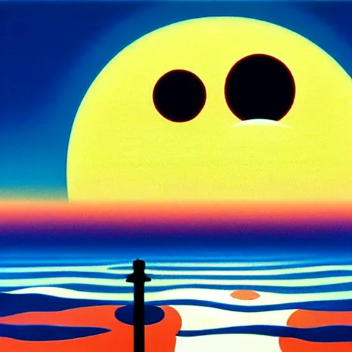 Prompt: hiroshi nagai painting. the sun has a face with many eyes and teeth. seen through the fog