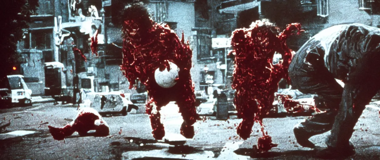 Image similar to filmic extreme wide shot dutch angle movie still 35mm film color photograph of a soccer ball demon attacking a doctor, blood splattering, in the style of The Thing 1982 horror film