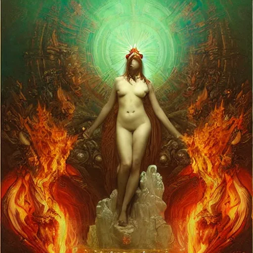 Prompt: eternal goddess empress bathing in deepest fiery underworld depths of hell by greg rutkowski, gustave dore, alphone mucha, visionary deep aesthetics art