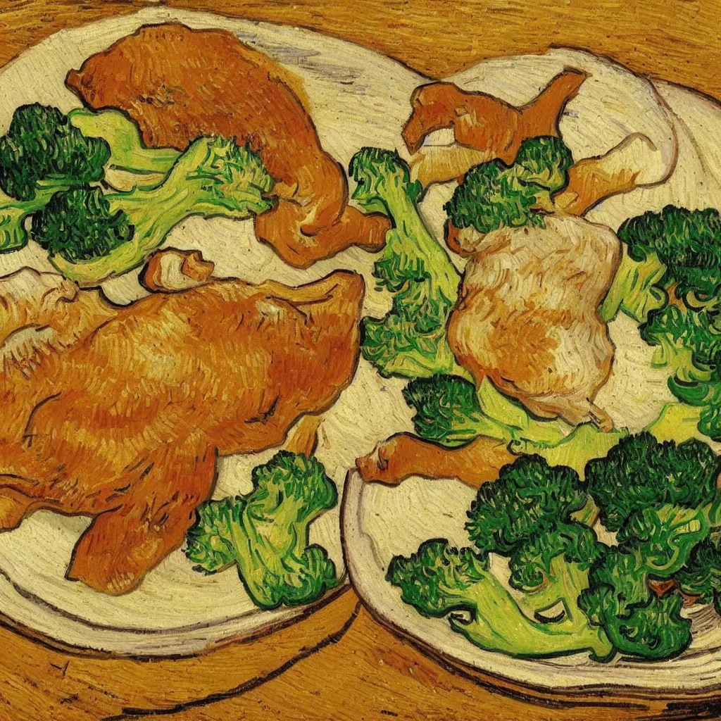 Prompt: painting of closeup of a plate with chicken, broccoli, rice, by vincent van gogh