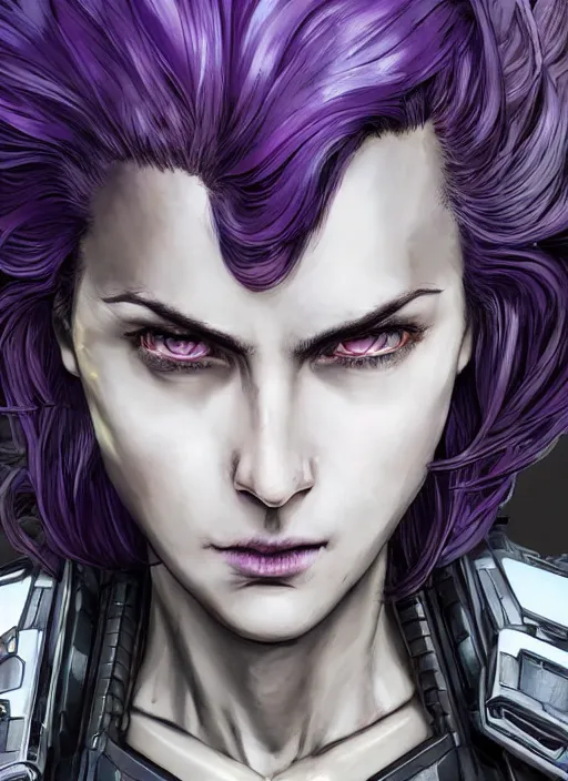 Image similar to close up portrait of a pale woman in sci - fi power armor with purple hair, powerful, domineering, stoic, masterful, eyepatch, intense, ultrafine hyperdetailed illustration by kim jung gi, irakli nadar, intricate linework, sharp focus, octopath traveler, yoji shinkawa, highly rendered, detailed, concept art