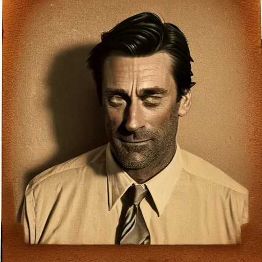 Prompt: polaroid picture, sepia, homeless jon hamm in the streets of houston, unshaved, perfect face, symmetrical face, fine details, day setting, ethereal, trending on artstation