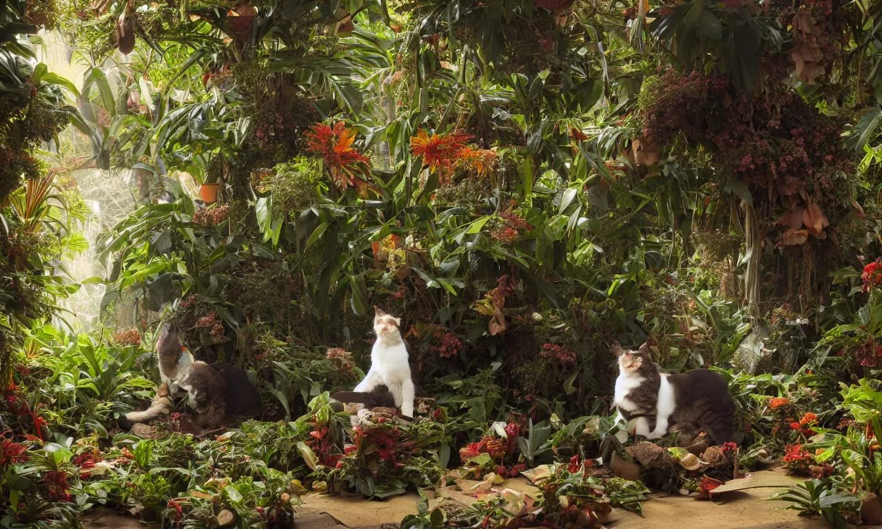 Prompt: a portrait of a cat sitting amongst big tropical plants, painting by James C. Christensen, by Tomasz Alen Kopera, by Raphael, by Caravaggio, 8K, rendered in Octane, cinematic, 3D, volumetric lighting, highly detailed, photorealistic, hyperrealism