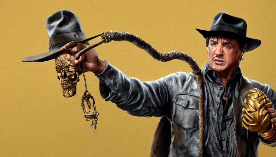 Image similar to sylvester stallone as indiana jones holding a whip in left hand and holding a golden mayan skull in the right hand, grey background, hyperdetailed, artstation, cgsociety, 8 k