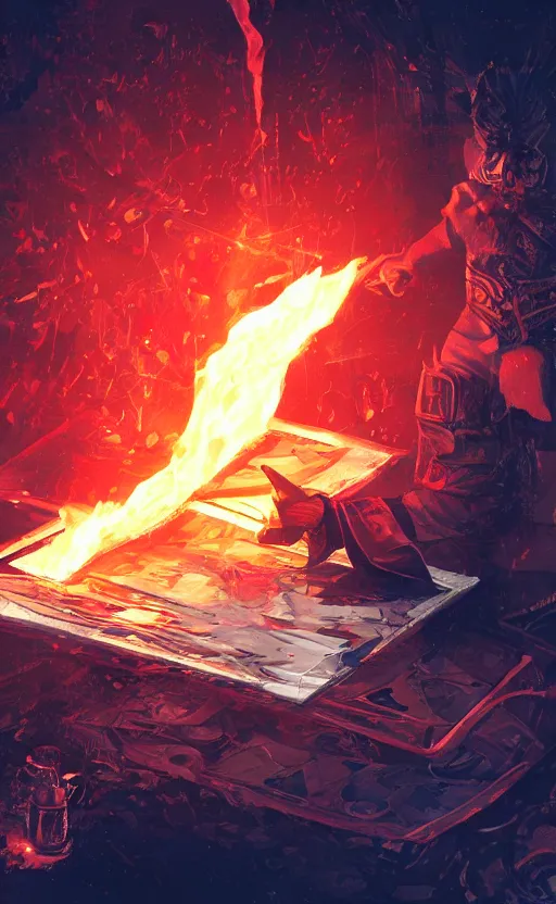 Prompt: a king of diamonds card on fire, with black and red paint in the back ground, ambient lighting, atmospherical, stunning visuals, cinematic, dynamic lighting, photorealistic fantasy concept art, trending on art station, ultra detailed