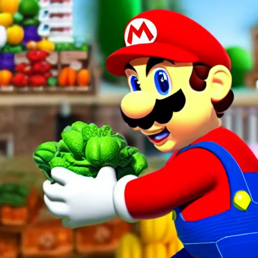 Prompt: game character mario selling vegetables on a farmer's market, morning