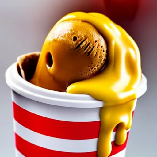 Image similar to promotional photo of an ice cream with hot dog taste, mustard, ketchup, relish,