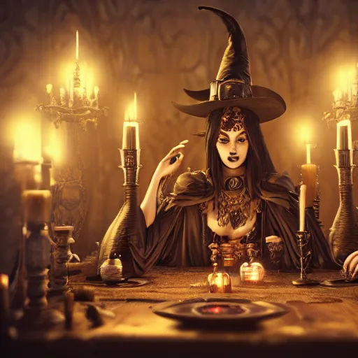 Image similar to dark witches sitting at a table doing a ritual. Ornate details, award winning. Octane render, 4k, 8k, unreal 5, very detailed, hyper control-realism, trending on artstation.”