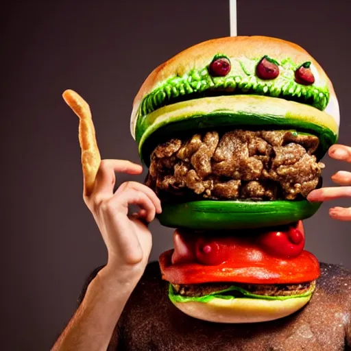 Image similar to a humanoid bipedal upright zombie that strongly resembles a hamburger, professional food photography