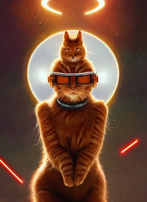 Prompt: ginger cat with round glasses and star wars helmet, star wars, beautiful glowing lights, sci - fi, stunning, intricate, elegant. highly detailed, digital painting. artstation. smooth. sharp focus. illustration. art by artgerm and greg rutkowski and alphonse mucha