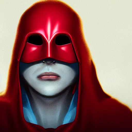 Prompt: portrait of a hero wearing a red mask covering his entire head, only his totally white eyes and mouth are visible, cyan background, golden cape, golden ear buds, golden eye rims, artstation, digital art, opengl