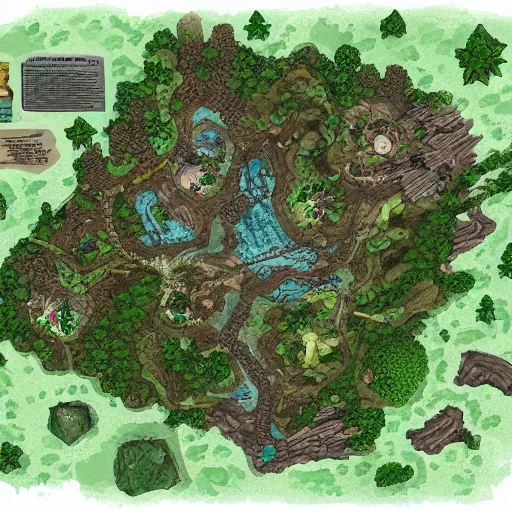 Image similar to a DND forest map created in inkarnat and dungeon draft . Aerial view, d&d tabletop. Art station, Patreon