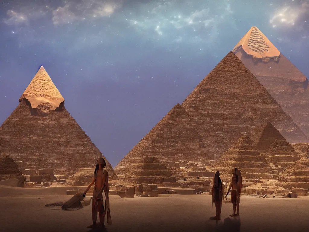 Prompt: photography of an egyptian god standing in front of the giza pyramid, fantasy ,volumetric lighting, intricate, elegant, hyperdetailed 3d matte painting, highly detailed, digital painting, artstation, smooth, sharp focus, illustration, art by Makoto Shinkai and artgerm, hyperrealism, hyperrealistic, cinematic masterpiece, fantasy style 8k ultrahd octane render