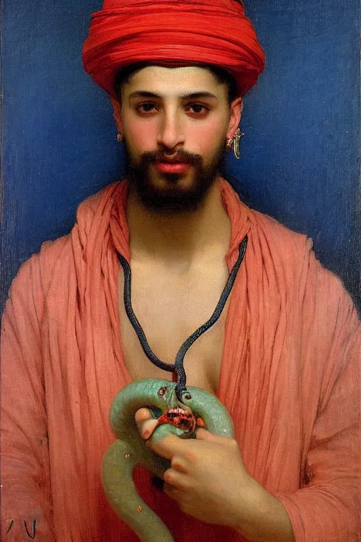 Image similar to Portrait of a young muscular Moroccan man with blue eyes, an earring and a fez hat holding a snake, orientalist, victor Nizovtsev, bouguereau