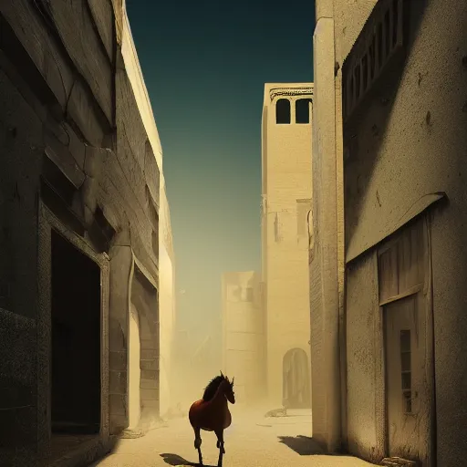 Prompt: old jeddah city alley, roshan, old shops, horse, magical glowing sand gate to another dimension, a man wearing a white robe standing watching over, dramatic lighting sci fi, by caspar david friedrich by beeple and james gilleard and justin gerard, centered, artstation, smooth, sharp focus, photoreal octane render, 3 d, by jean baptiste monge